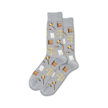mens gray crew socks with yellow gavel, scale of justice and law book pattern, lawyer themed  