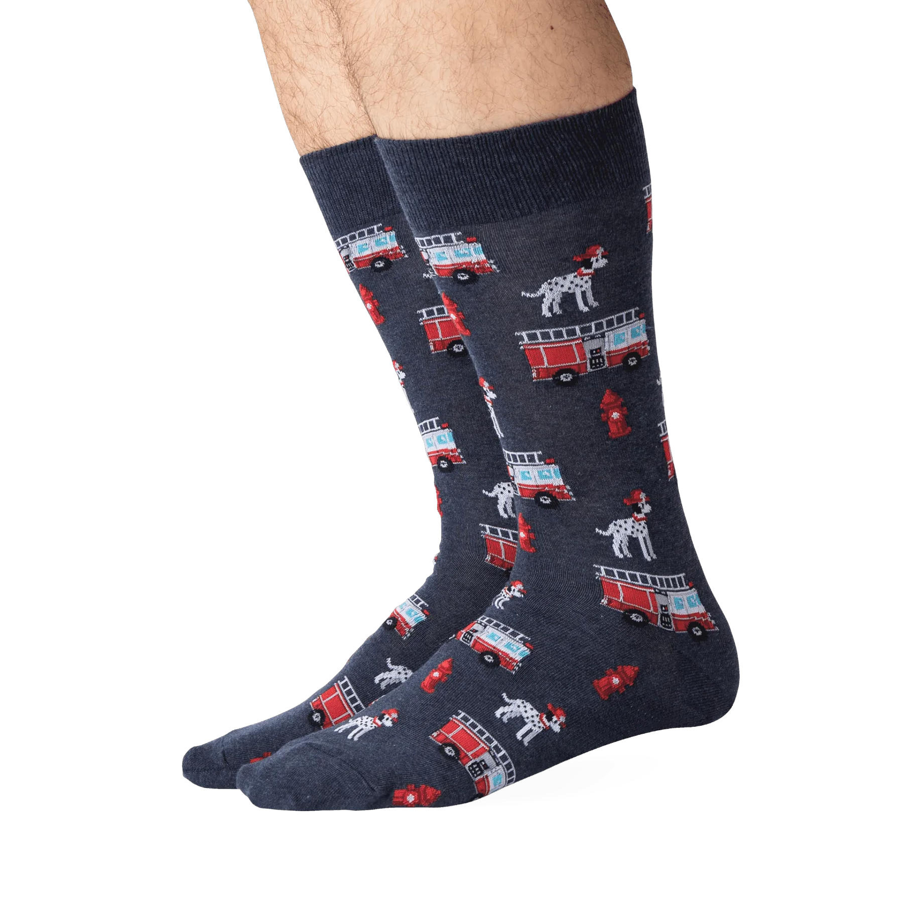 Lifestyle shot showing the Fireman socks on a man's legs. The socks are the focal point.