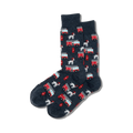 Pair of dark gray crew socks with a repeating pattern of Dalmatian dogs and red firetrucks. Fun, quirky style.