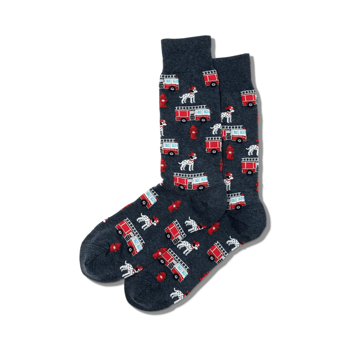 Pair of dark gray crew socks with a repeating pattern of Dalmatian dogs and red firetrucks. Fun, quirky style.