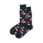 Pair of dark gray crew socks with a repeating pattern of Dalmatian dogs and red firetrucks. Fun, quirky style.