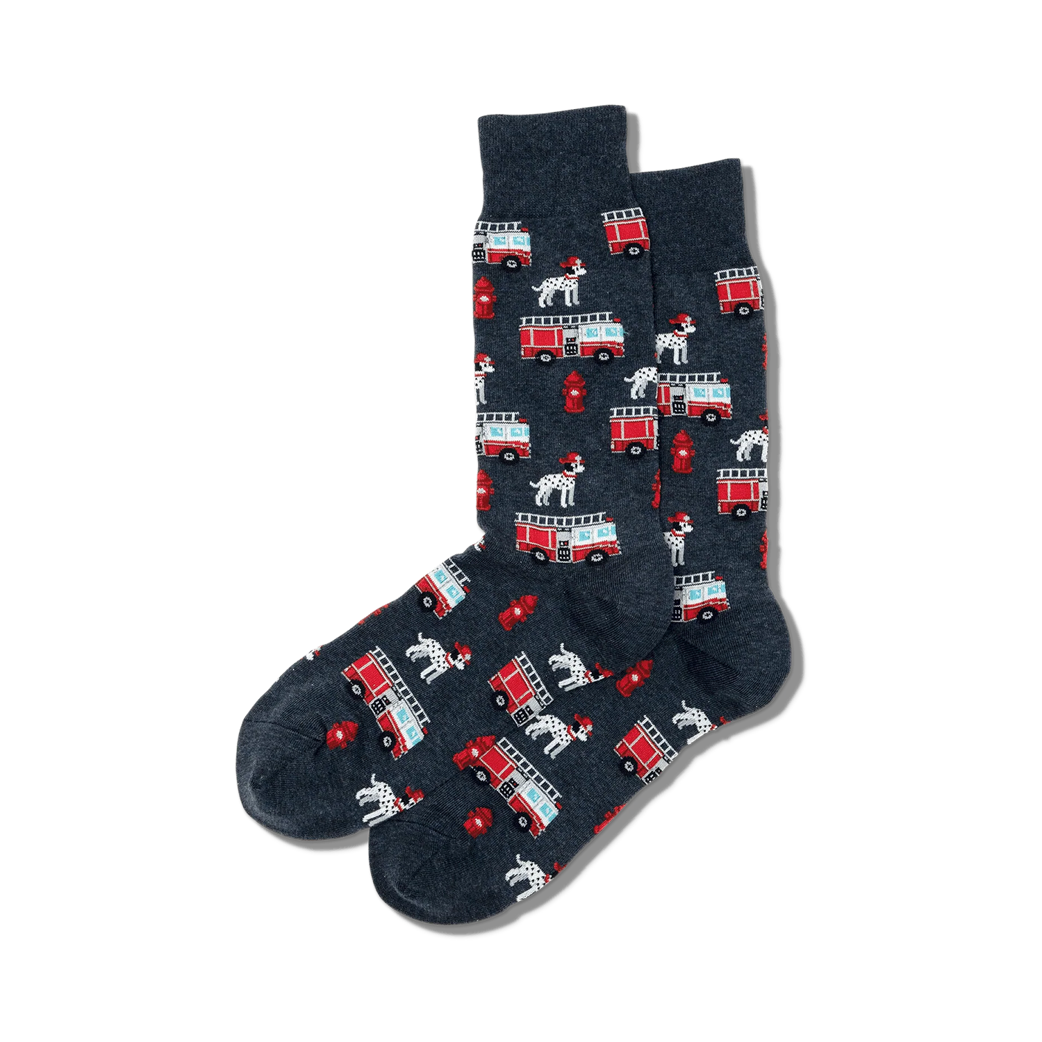 Pair of dark gray crew socks with a repeating pattern of Dalmatian dogs and red firetrucks. Fun, quirky style.