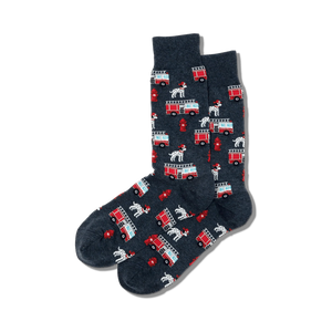 dark gray crew socks with red fire trucks and black and white dalmatian dog pattern.  