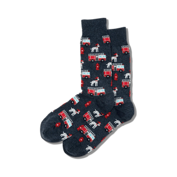 Pair of dark gray crew socks with a repeating pattern of Dalmatian dogs and red firetrucks. Fun, quirky style.