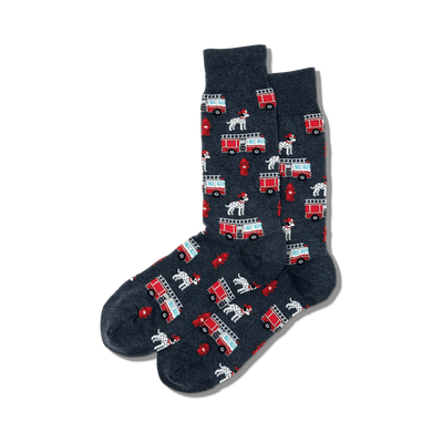 dark gray crew socks with red fire trucks and black and white dalmatian dog pattern.  