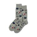 Pair of grey crew socks with a repeating pattern of pixel-style police hat, handcuffs, sunglasses, and batons.