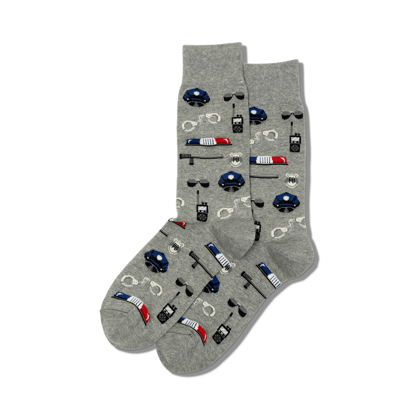 Pair of grey crew socks with a repeating pattern of pixel-style police hat, handcuffs, sunglasses, and batons.