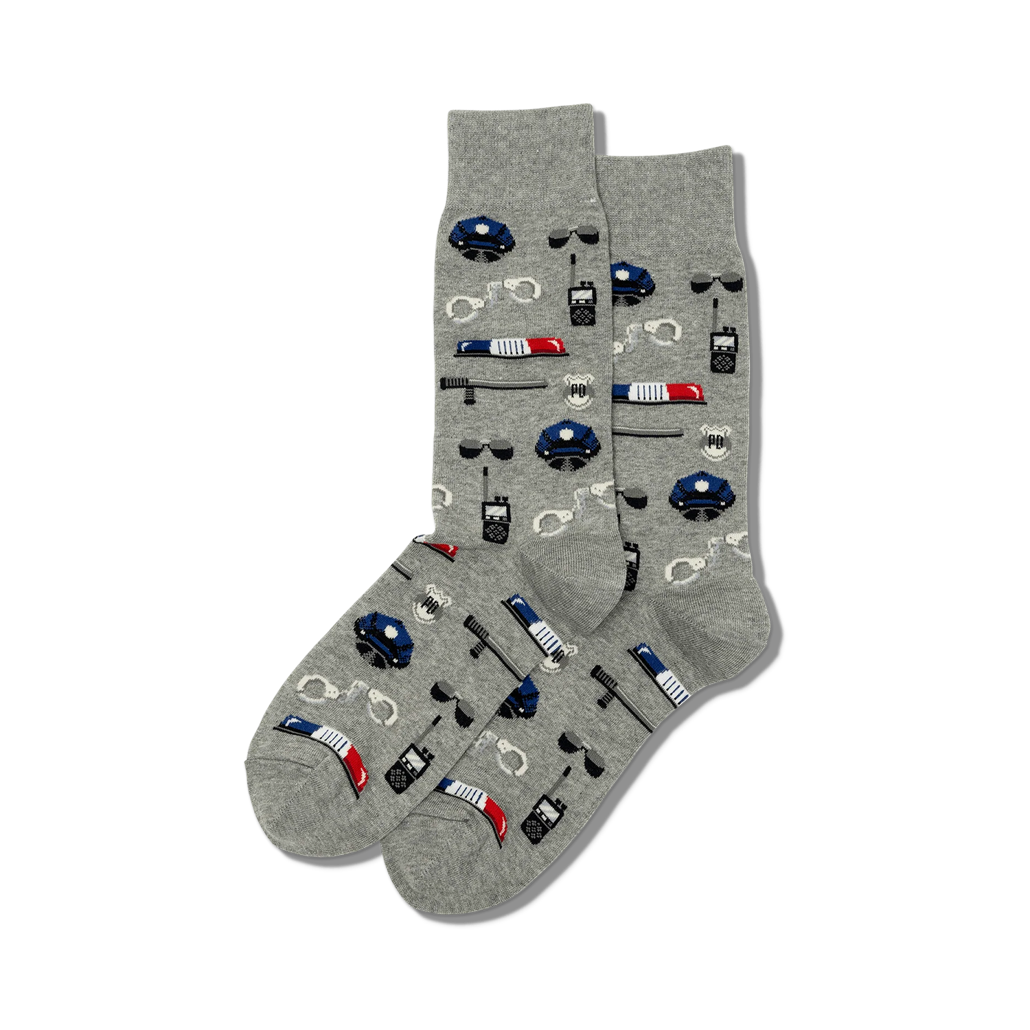 Pair of grey crew socks with a repeating pattern of pixel-style police hat, handcuffs, sunglasses, and batons.