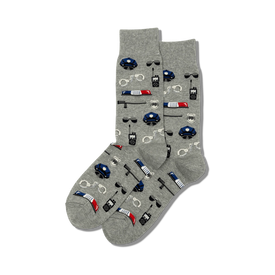 gray crew socks with a pattern of handcuffs, police hats, billy clubs, and walkie-talkies. fun socks for men who love cops and law enforcement.    