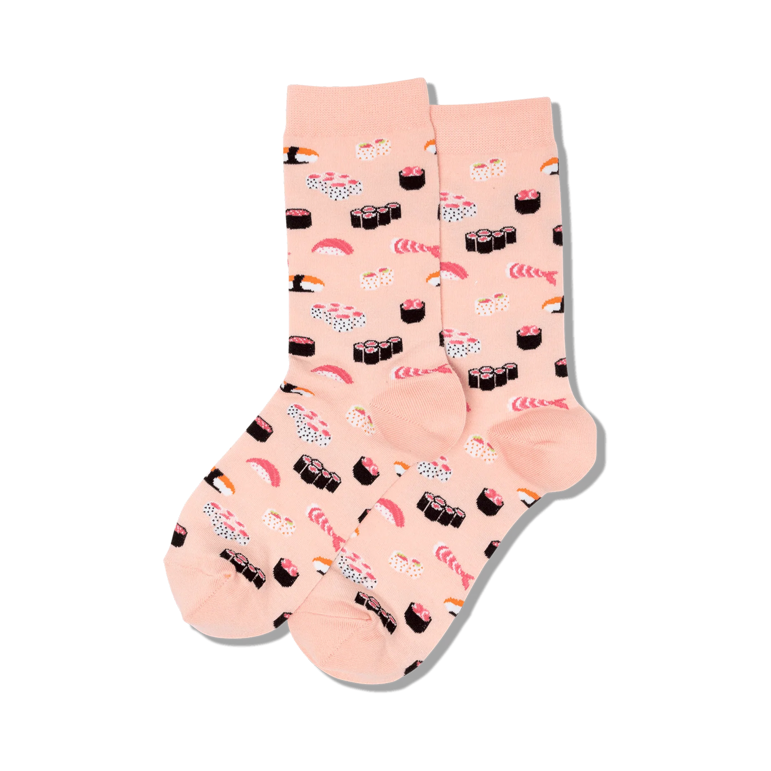 Pair of pink sushi socks displayed flat.