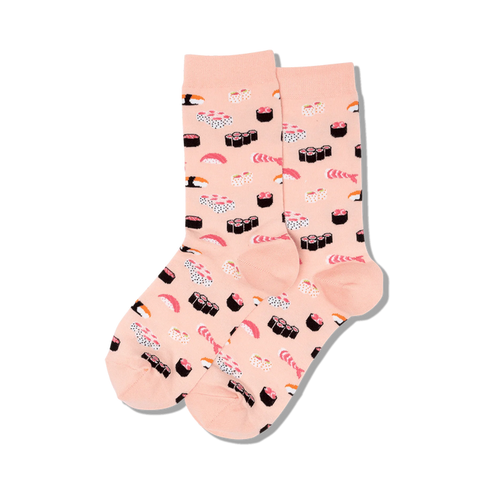 crew socks featuring sushi pattern. sushi includes nigiri and maki. comes in bright pink.   