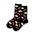 Pair of black crew socks with a fun pattern of fried eggs and bacon. Red, white, and black.