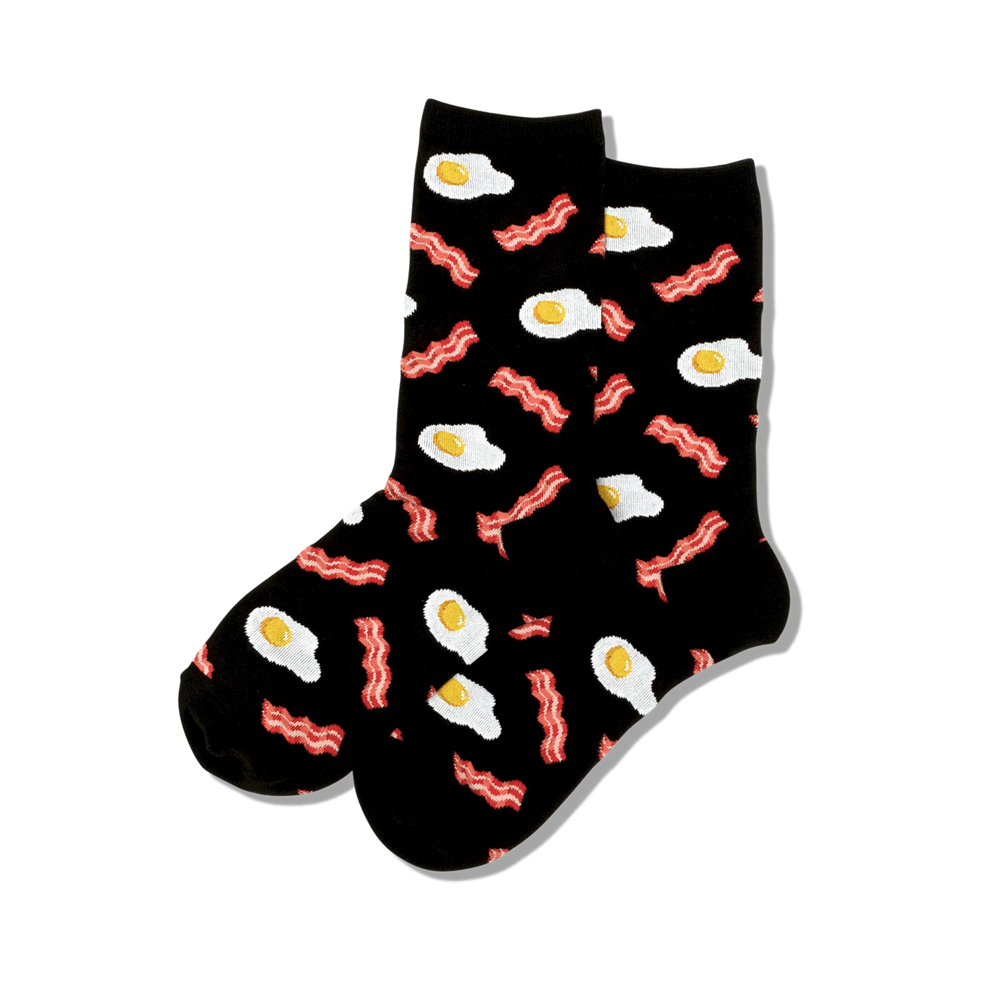 Pair of black crew socks with a fun pattern of fried eggs and bacon. Red, white, and black.