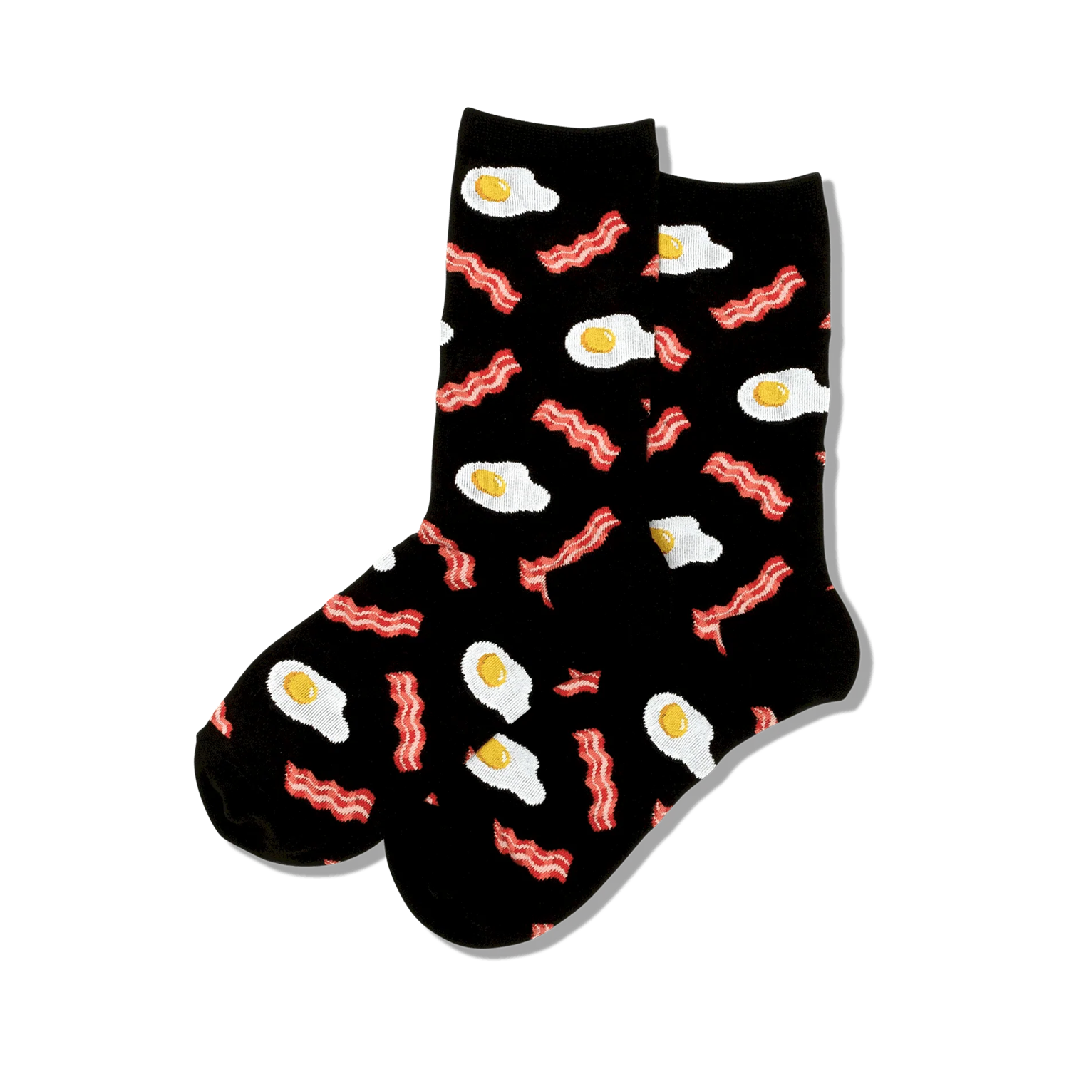 Pair of black crew socks with a fun pattern of fried eggs and bacon. Red, white, and black.