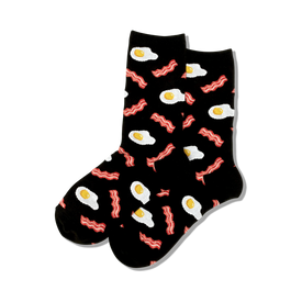 cartoonish black women's crew socks with an all-over bacon and eggs pattern.  
