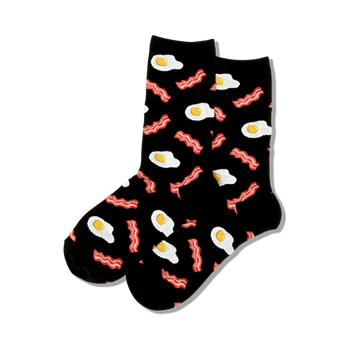 cartoonish black women's crew socks with an all-over bacon and eggs pattern.  