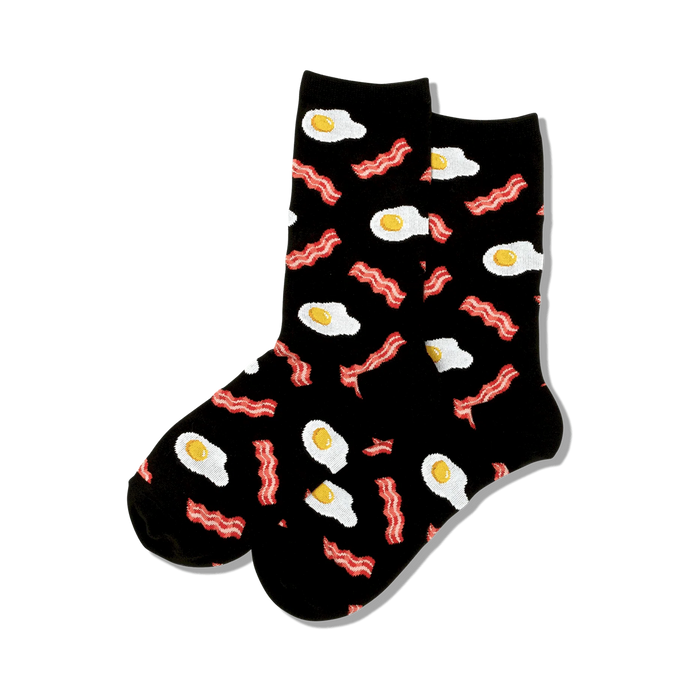 cartoonish black women's crew socks with an all-over bacon and eggs pattern.   }}