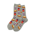 Pair of grey crew socks with a repeating pattern of peanut butter and jelly sandwiches and jars. Purple and brown accents.
