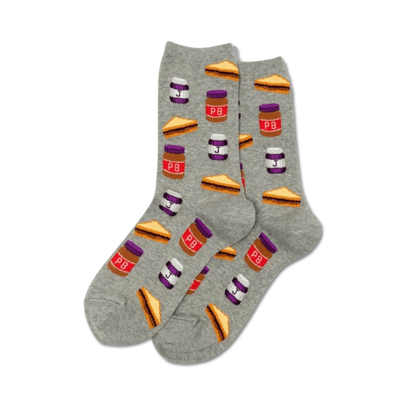 Pair of grey crew socks with a repeating pattern of peanut butter and jelly sandwiches and jars. Purple and brown accents.