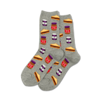 Pair of grey crew socks with a repeating pattern of peanut butter and jelly sandwiches and jars. Purple and brown accents.