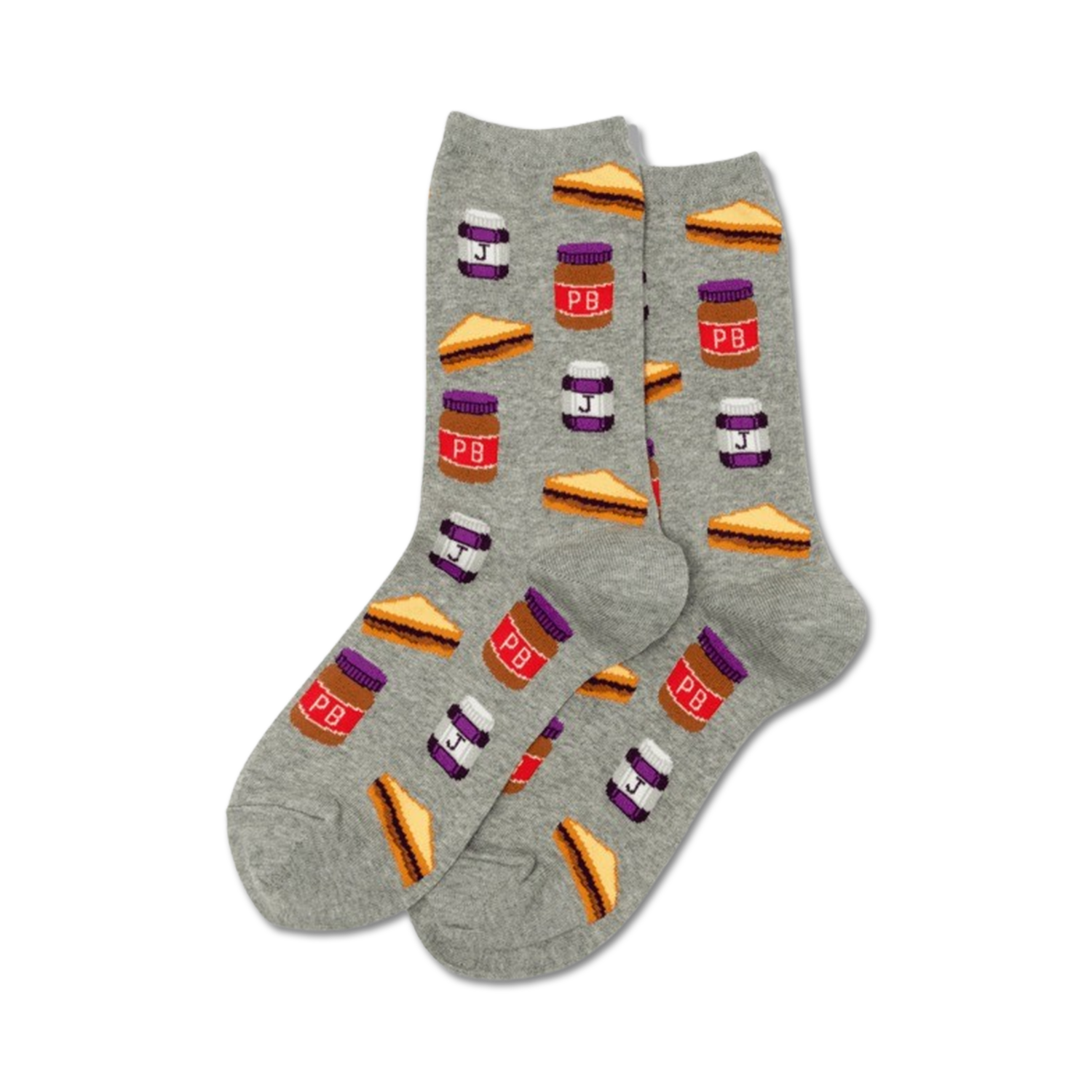 Pair of grey crew socks with a repeating pattern of peanut butter and jelly sandwiches and jars. Purple and brown accents.