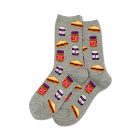 womens gray crew socks with pattern of peanut butter and jelly sandwiches and jars of jelly 