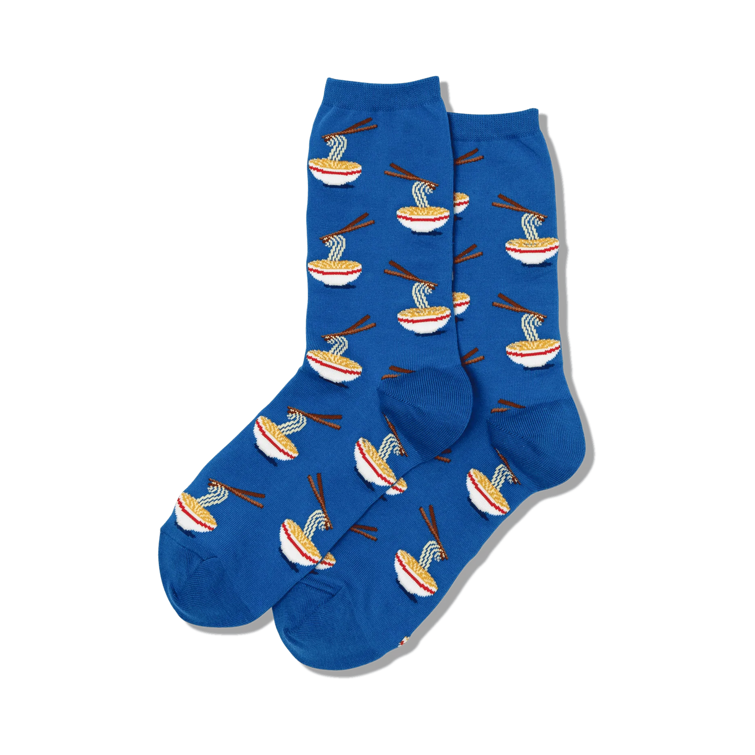 Pair of crew socks in blue and black featuring a repeating pattern of ramen noodle bowls with chopsticks.