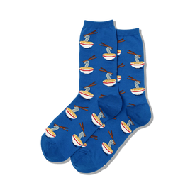 blue crew socks with a pattern of ramen in bowls and chopsticks.   