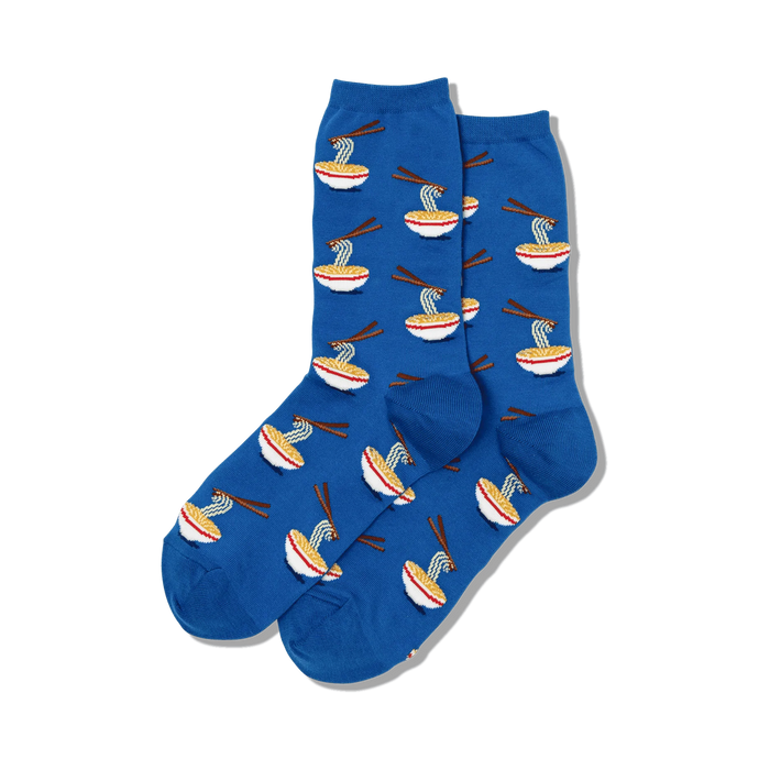 blue crew socks with a pattern of ramen in bowls and chopsticks.   