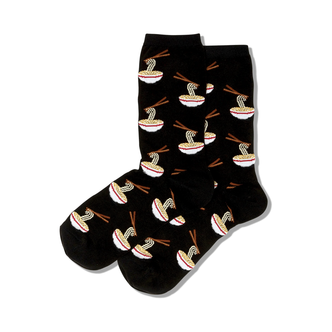 Lifestyle shot of person wearing blue ramen noodle socks.