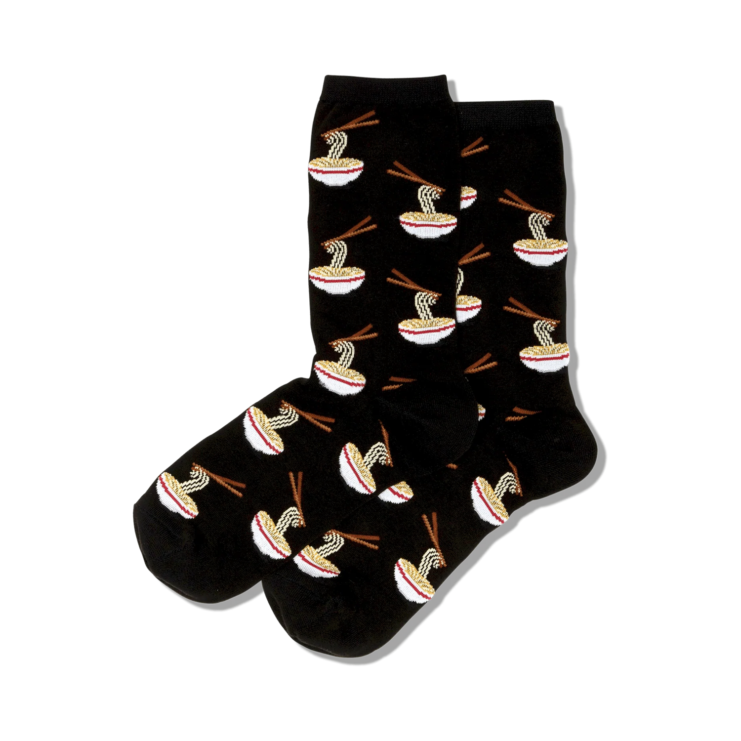 Lifestyle shot of person wearing blue ramen noodle socks.