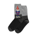 Pair of crew socks in gray and black. One sock features a pixelated gnome graphic and the text 'You Don't Gnome Me'.