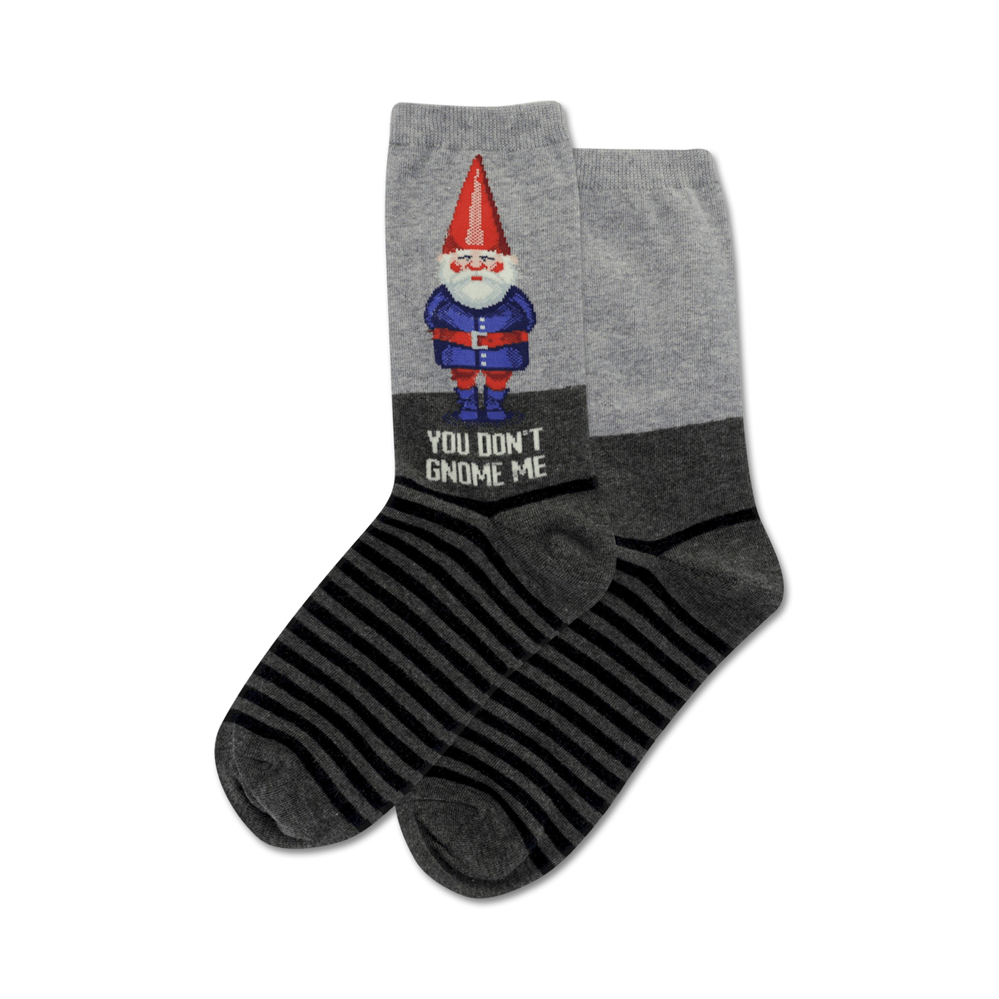 Pair of crew socks in gray and black. One sock features a pixelated gnome graphic and the text 'You Don't Gnome Me'.