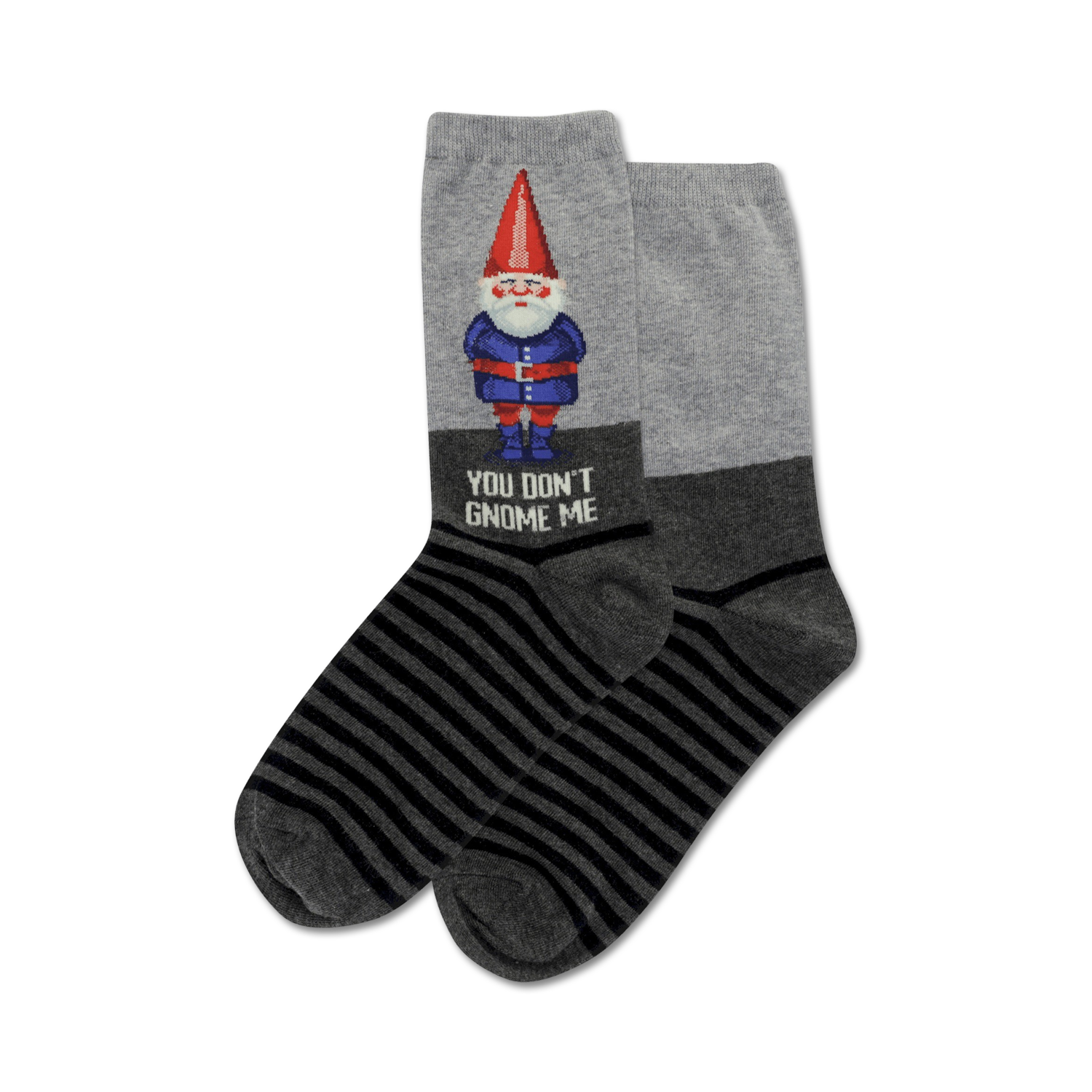 Pair of crew socks in gray and black. One sock features a pixelated gnome graphic and the text 'You Don't Gnome Me'.