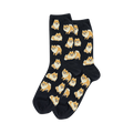Pair of black crew socks with a repeating pattern of orange-tan Pomeranian dogs.