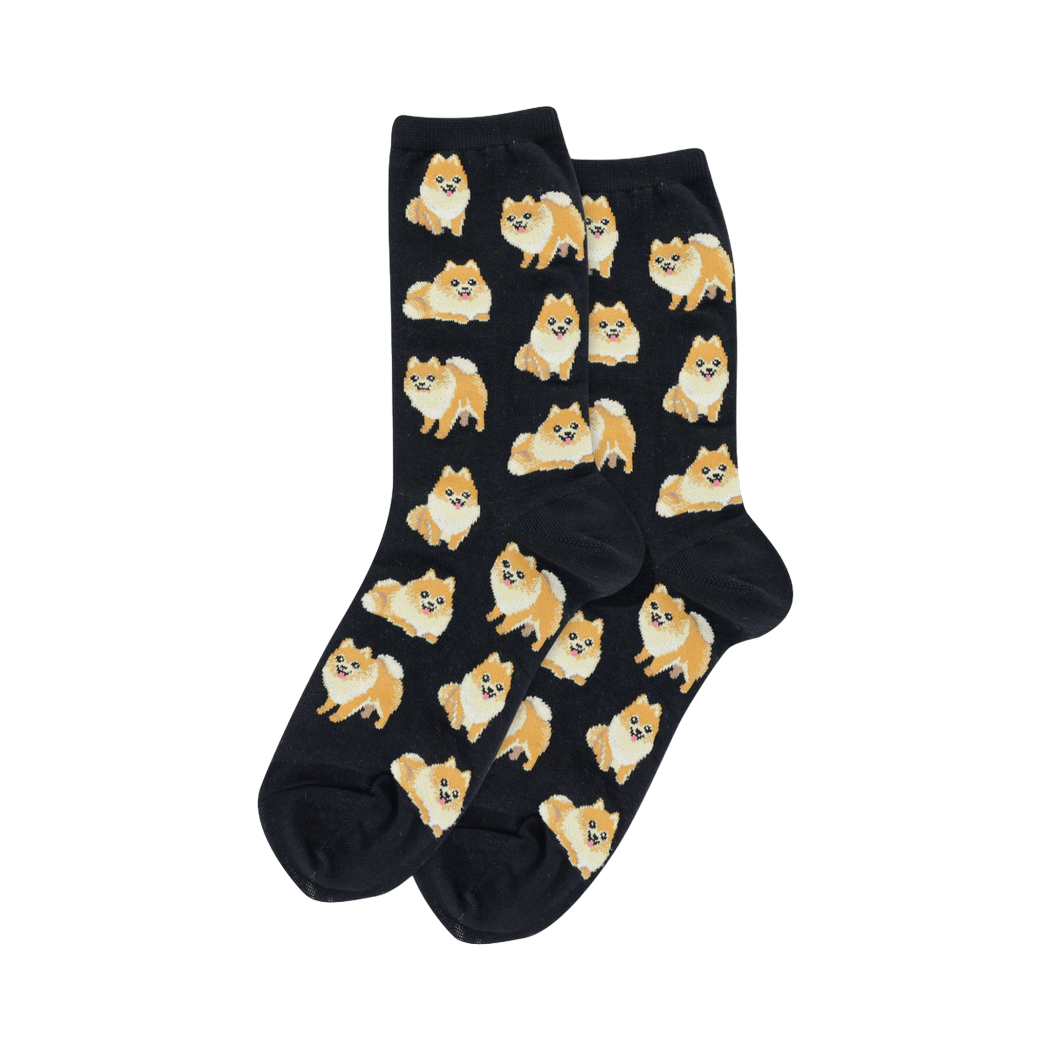 Pair of black crew socks with a repeating pattern of orange-tan Pomeranian dogs.