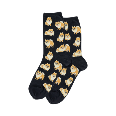Pair of black crew socks with a repeating pattern of orange-tan Pomeranian dogs.
