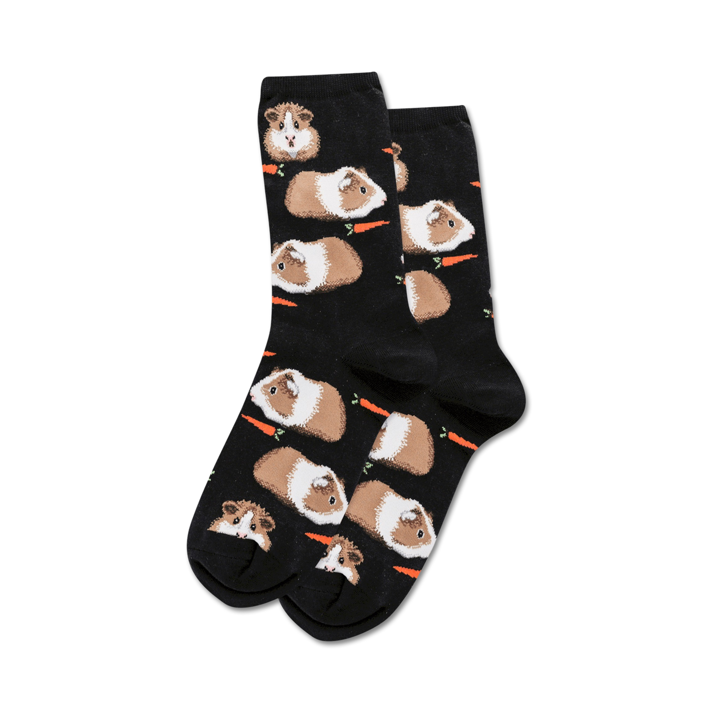 Pair of black crew socks with a repeating pattern of brown and white guinea pigs and orange carrots.