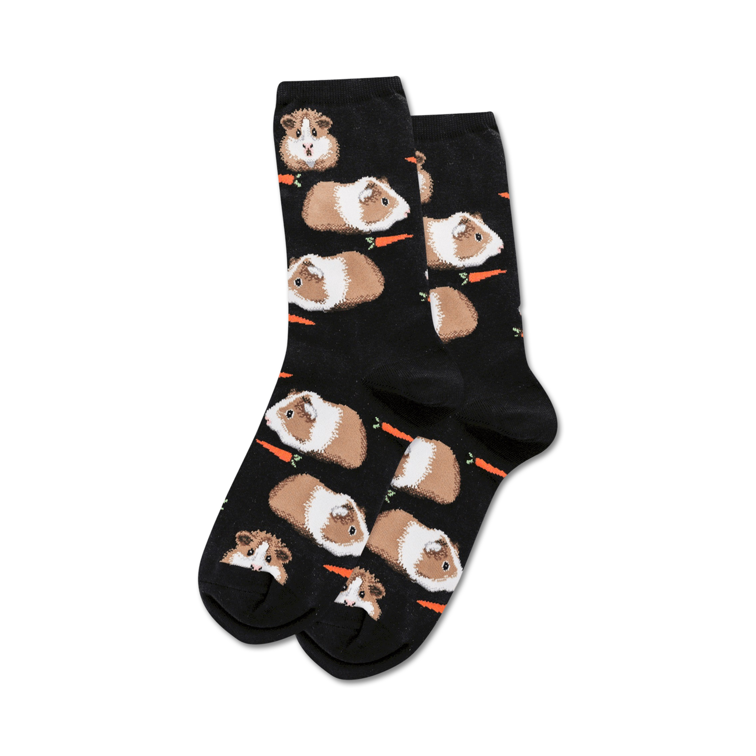 Pair of black crew socks with a repeating pattern of brown and white guinea pigs and orange carrots.