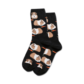 women's black crew socks featuring an all over pattern of guinea pigs eating carrots.  