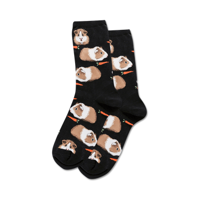 women's black crew socks featuring an all over pattern of guinea pigs eating carrots.  