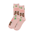 Pair of pink crew socks.  Features a repeating pattern of brown otters, teal lily pads, and the text 'Otterly Adorable'.