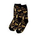 Pair of crew socks; black background with gold brass instruments (trumpets, saxophones, French horns).