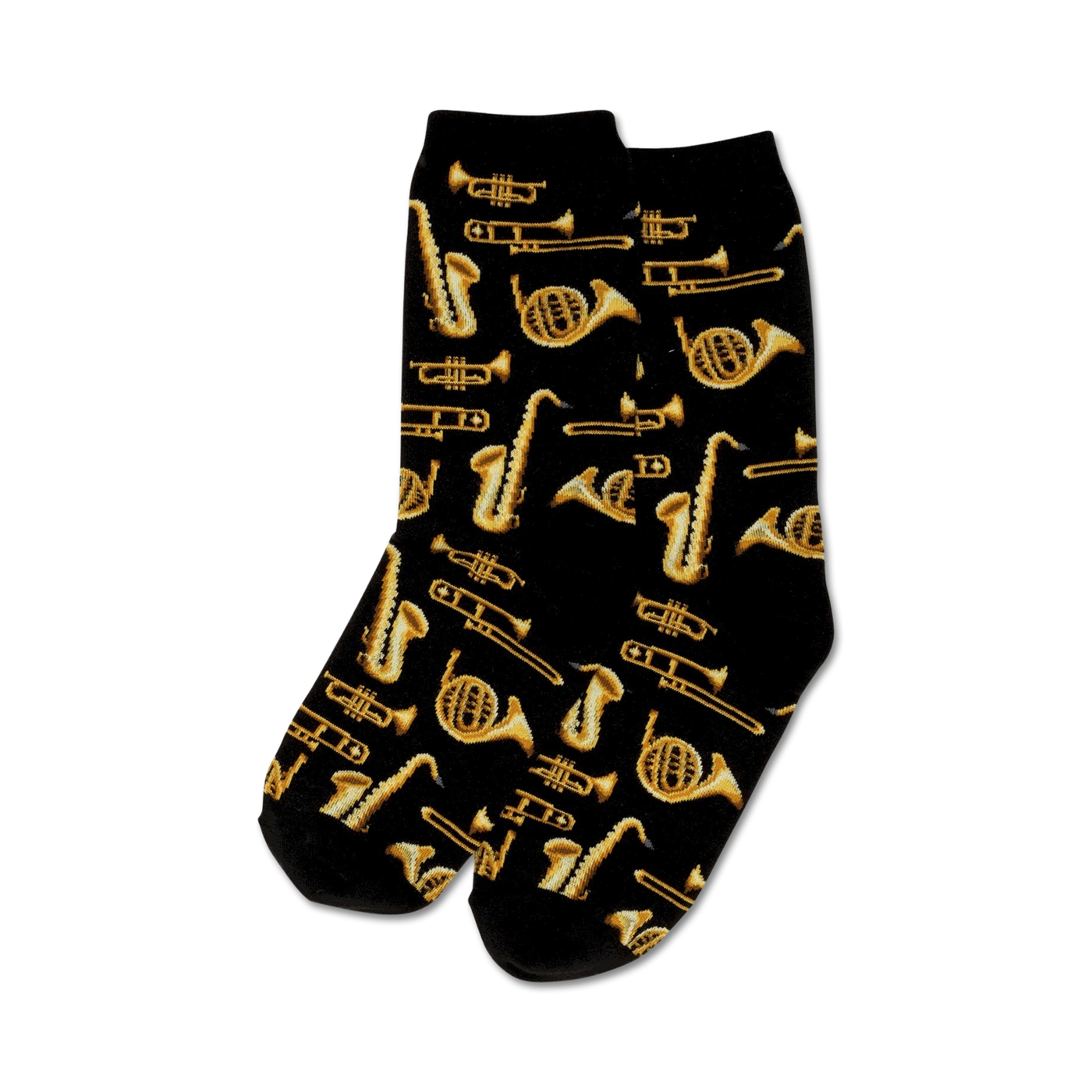 Pair of crew socks; black background with gold brass instruments (trumpets, saxophones, French horns).