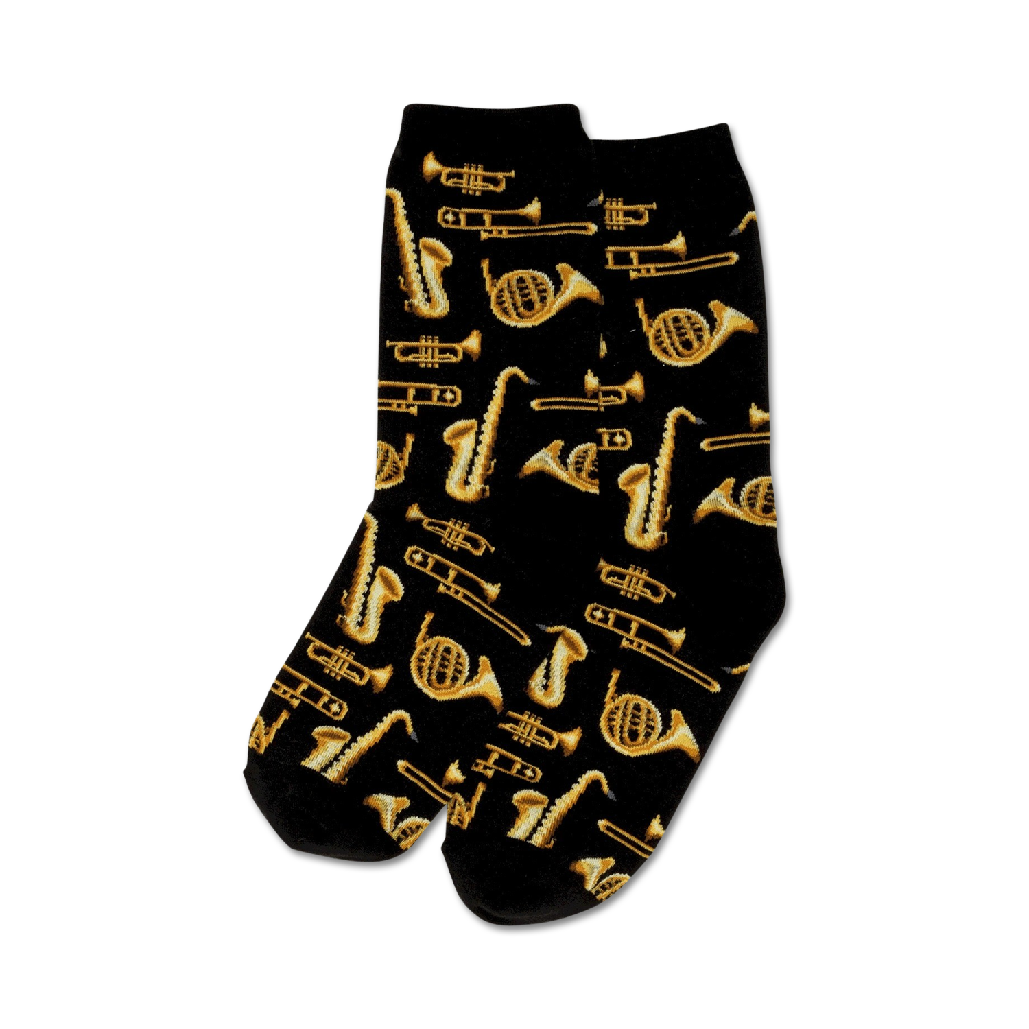 Pair of crew socks; black background with gold brass instruments (trumpets, saxophones, French horns).