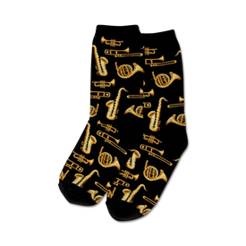 black womens crew socks with vibrant gold-colored jazz instruments such as trumpet, trombone, saxophone, and french horn.  