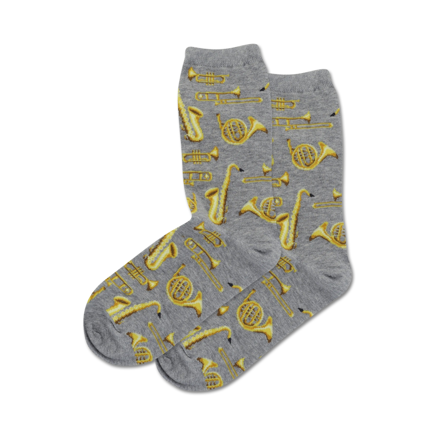Close-up of a pair of grey crew socks with a pattern of gold brass instruments.