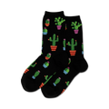 Pair of crew socks in black with a repeating pattern of potted cacti in various colors and sizes.