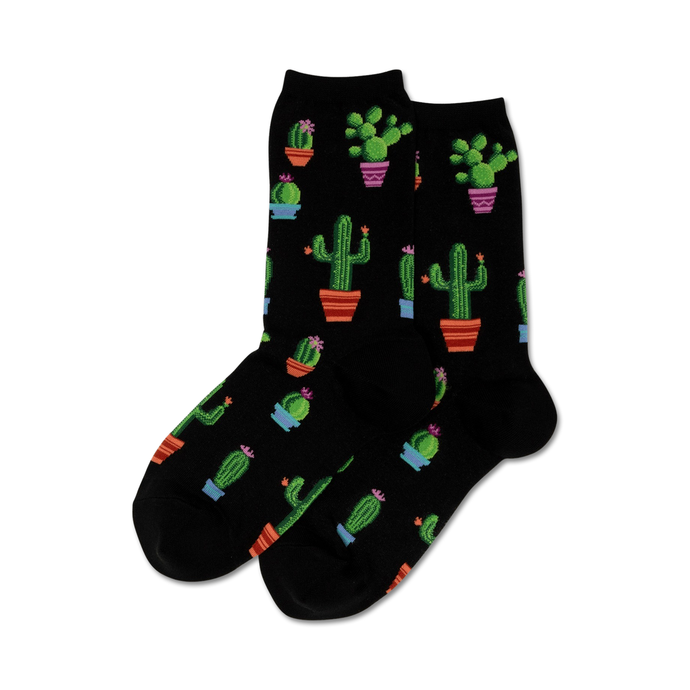Pair of crew socks in black with a repeating pattern of potted cacti in various colors and sizes.