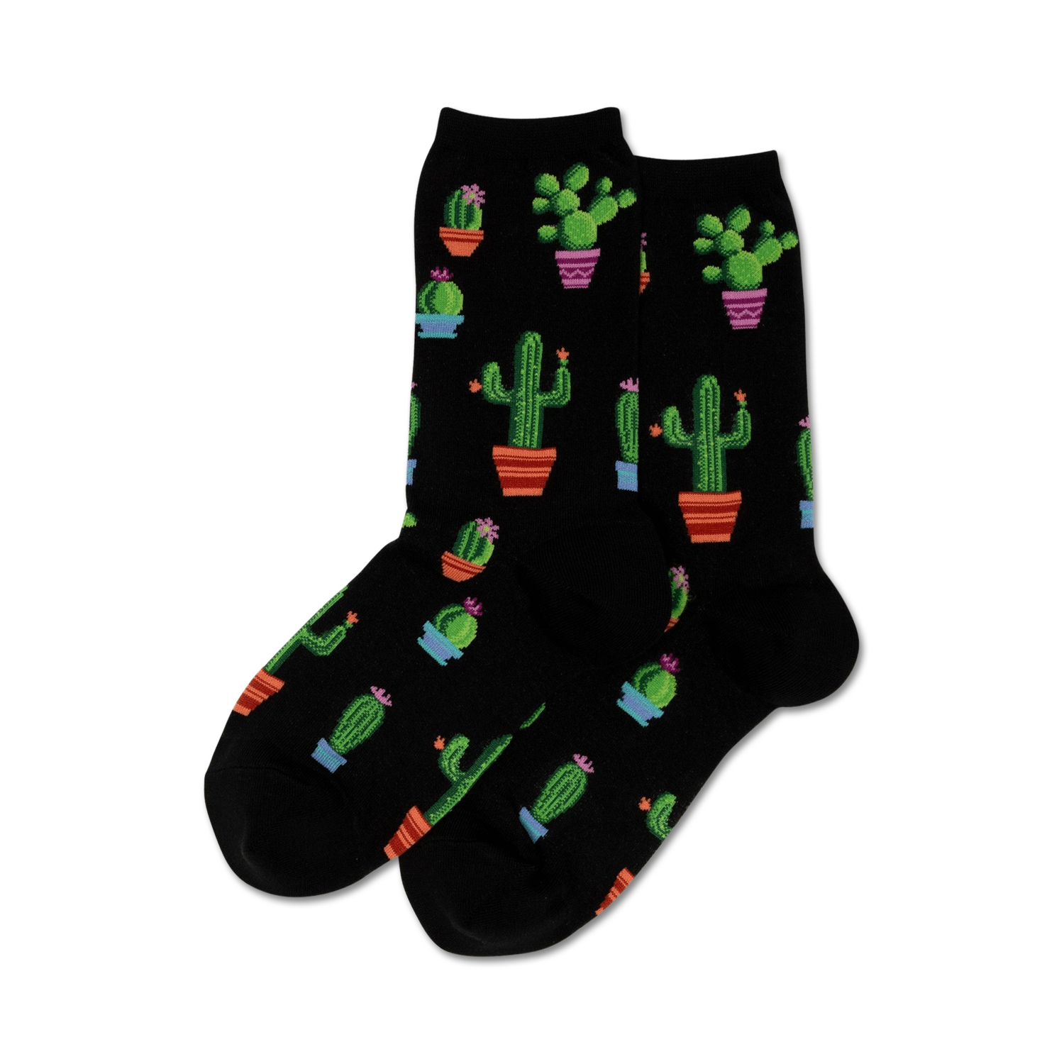 Pair of crew socks in black with a repeating pattern of potted cacti in various colors and sizes.